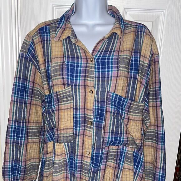 Free People (L) Voyage Shirtdress Plaid Gauzy textured in Sunrise Combo Pockets - Picture 5 of 16